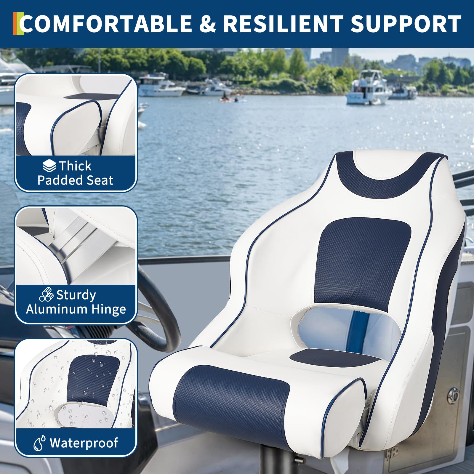 Waterproof marine-grade vinyl boat seat with aluminum hinge