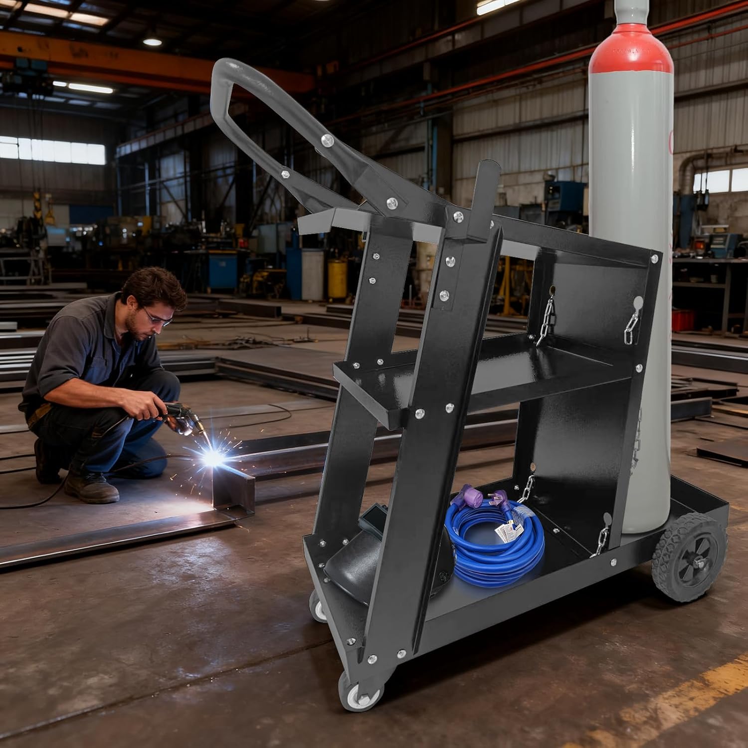 Garvee Welding Cart 3 Tier Metal Welding Cart with Wheels and Tank Storage for Mig Welder 27.6x11.8x35.4 Inches Black