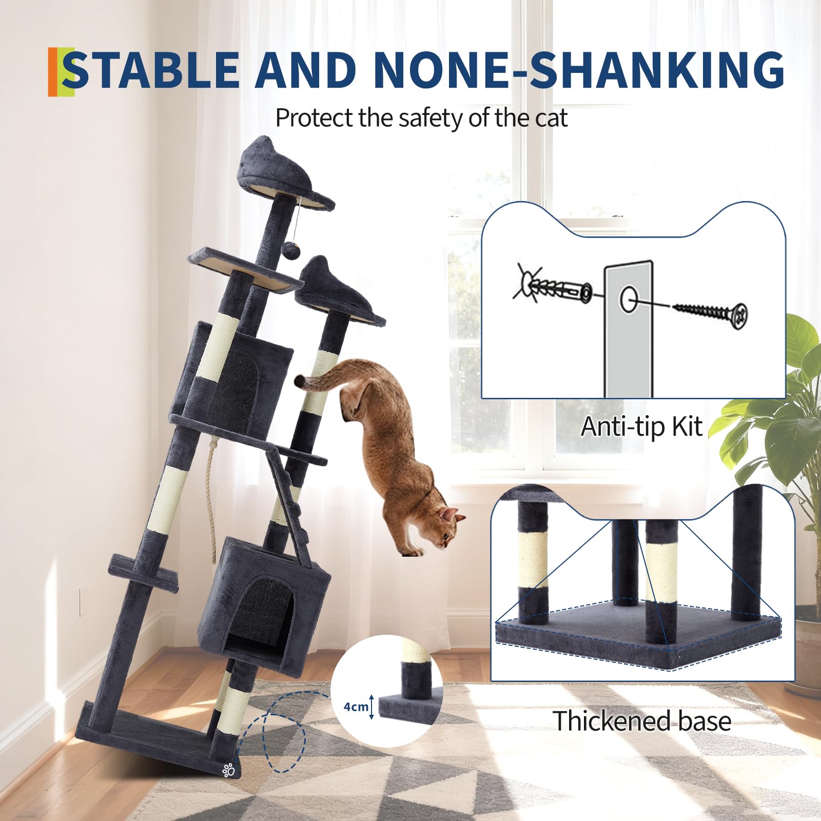Dark grey cat tree secured with an anti tip kit and supported by a thick reinforced base