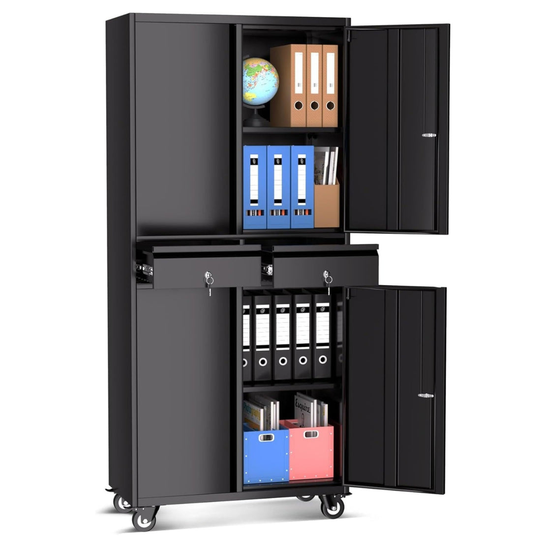 Garvee Armoire de classement en métal robuste de 185 cm avec roulettes verrouillables, portes verrouillables, 2 tiroirs et étagères réglables, casier de rangement mobile durable pour bureau, garage et atelier, noir