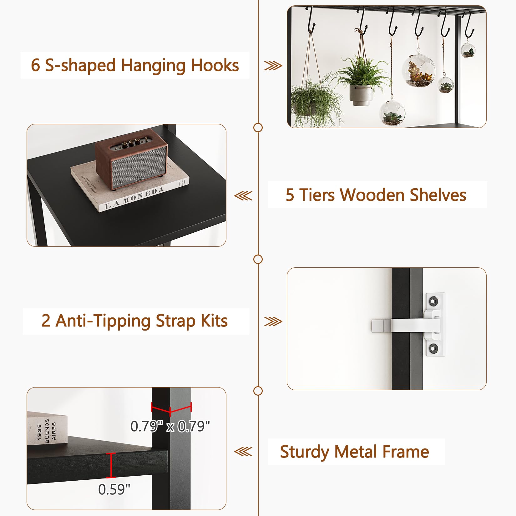 Black plant stand details showing 6 hooks, 5 shelves, anti tipping straps, and a sturdy metal frame
