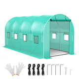 Garvee 15x7x7 FT Walk-in Greenhouse Hoop House Galvanized Steel Frame, 140g/m² PE Cover, 2 Zipper Doors & 8 Windows - Green