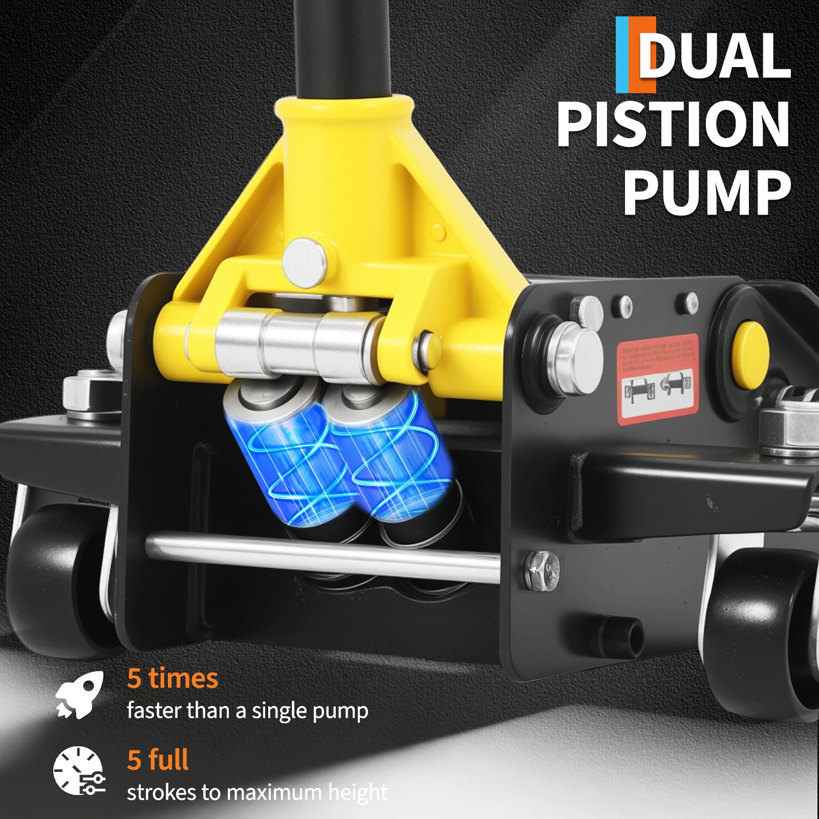 Yellow floor jack dual piston pump assembly