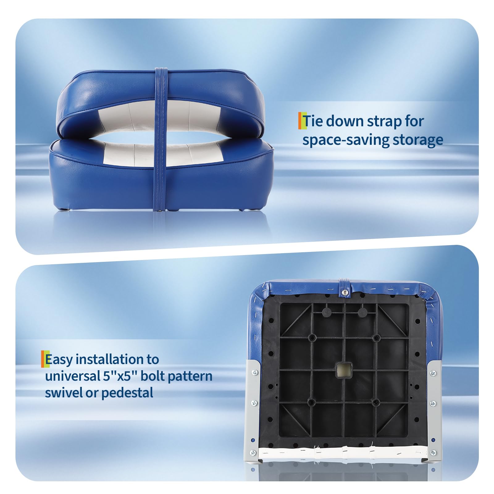 blue and white folded boat seat with tie down strap and 5 inch by 5 inch bolt pattern
