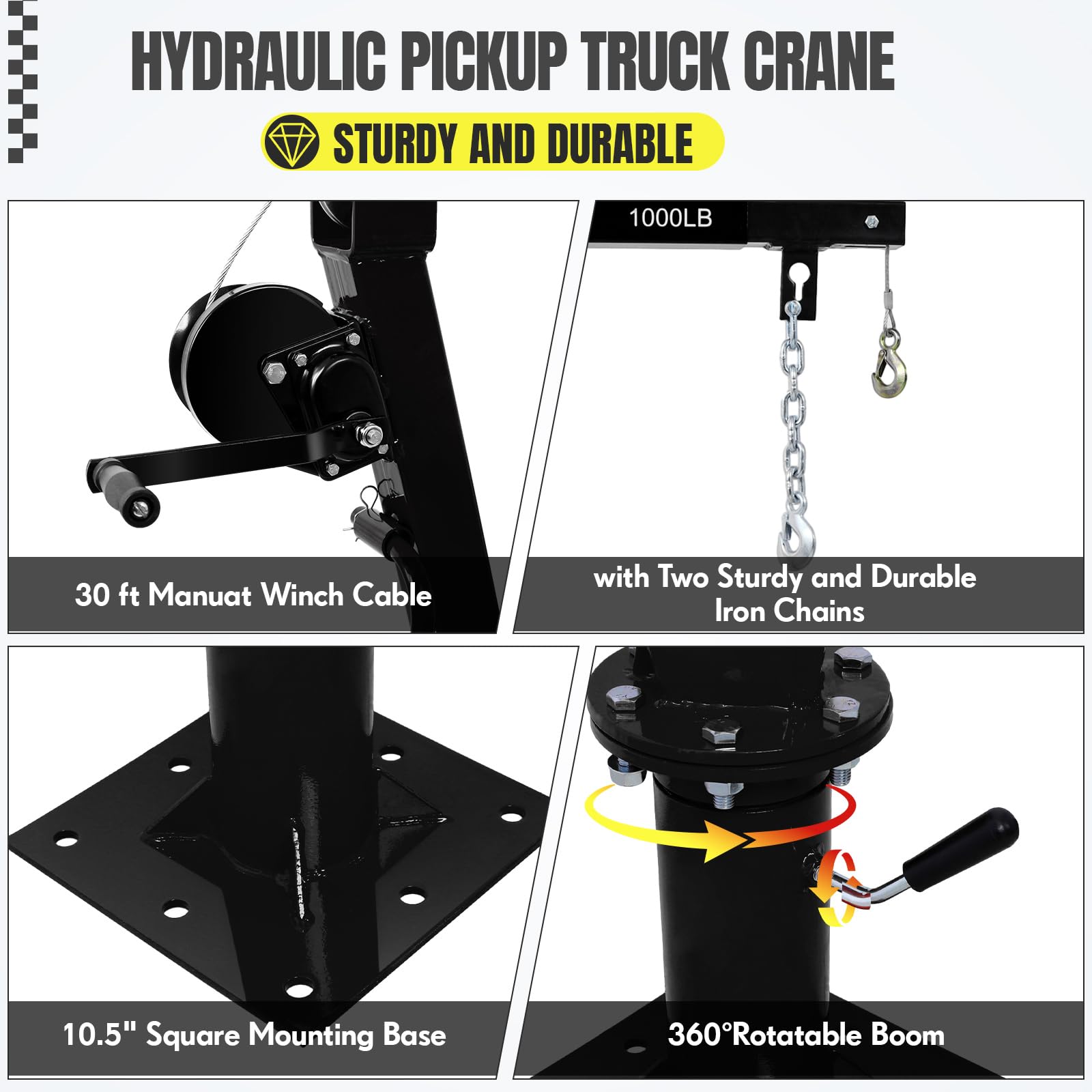Black pickup truck crane 360 degree rotatable boom and manual winch details
