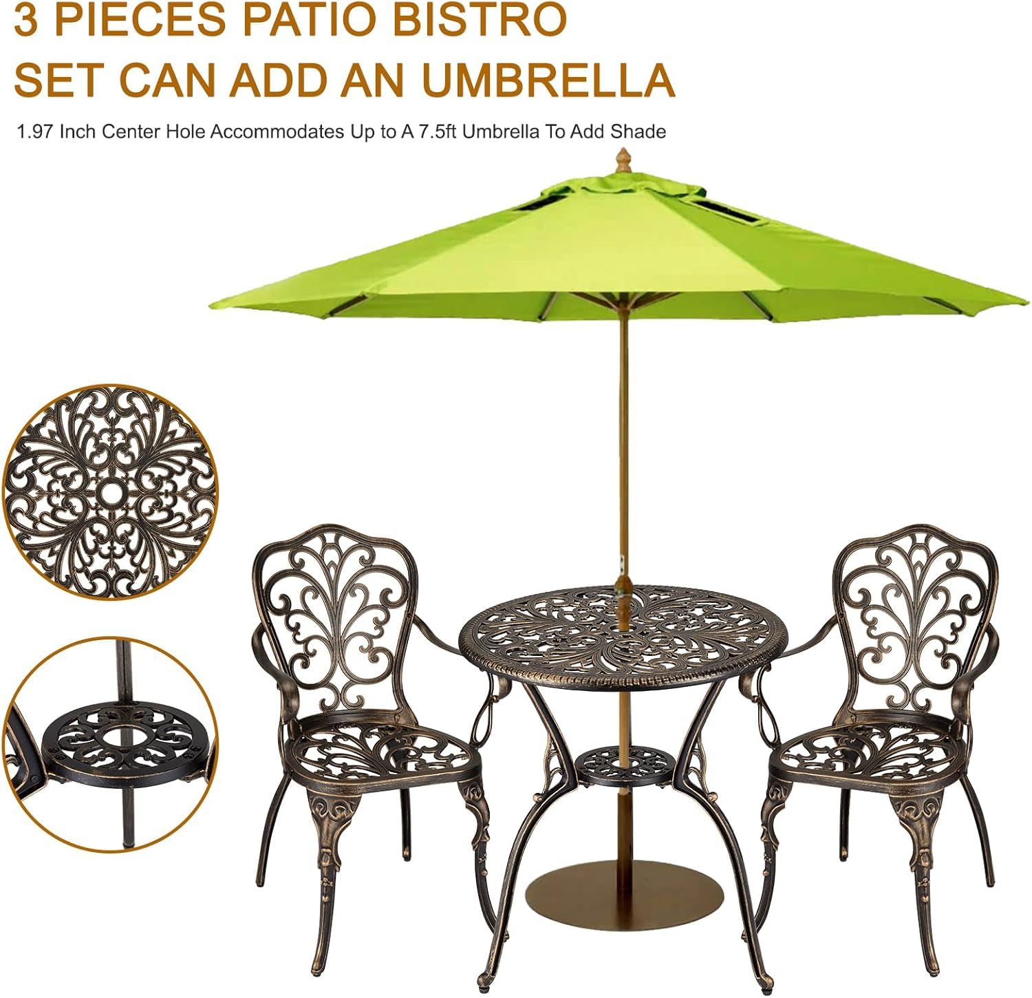 Bronze 3 piece bistro set with patio umbrella fitted through the round table center hole
