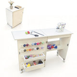 Garvee Folding Sewing Table with Lockable Wheels, Storage Shelves & Trays, Multipurpose Craft Station, Compact Foldable Design, 47.24" x 15.75" x 31.02", Engineered Wood - White
