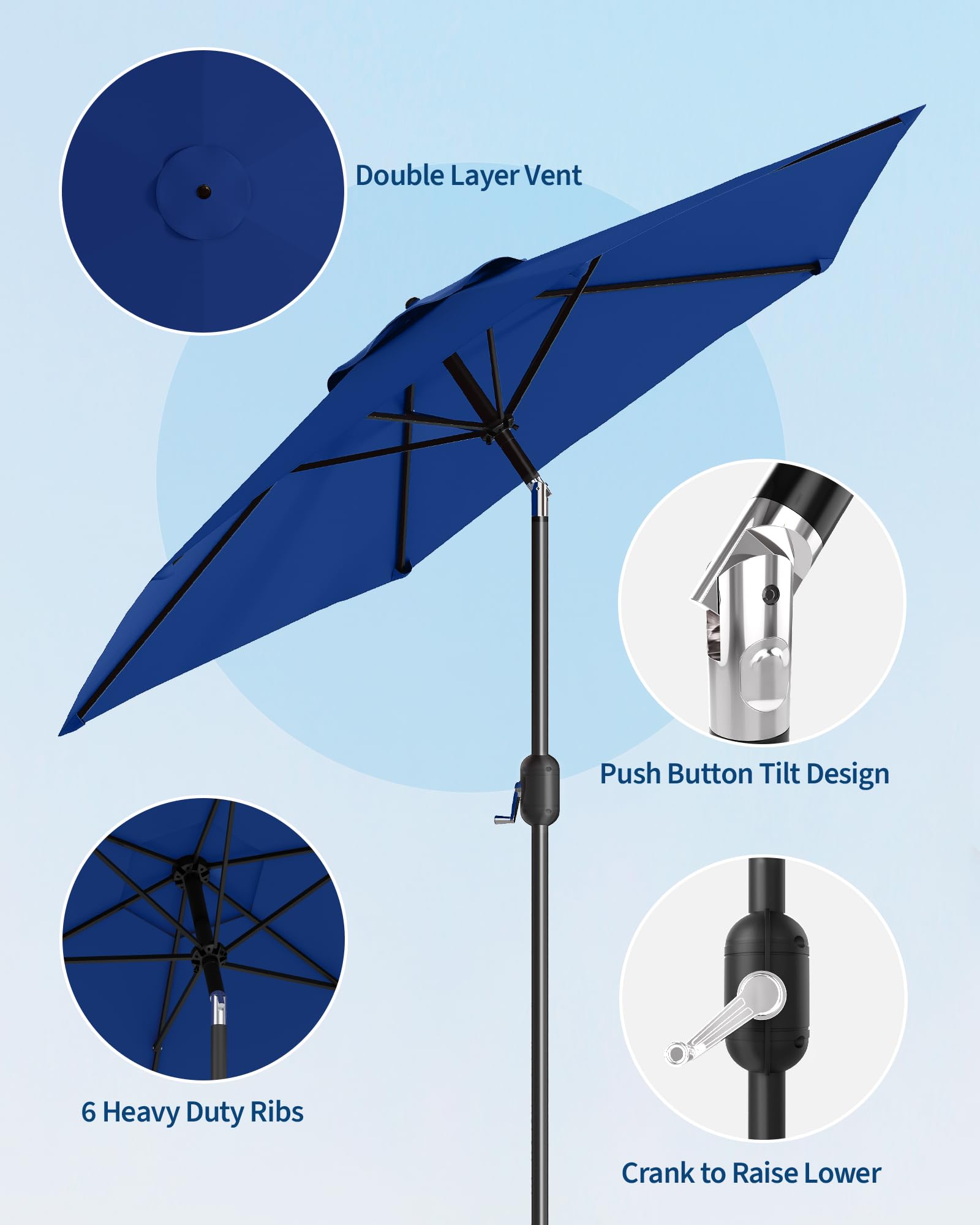 Navy patio umbrella showing six support ribs and a double layer top vent