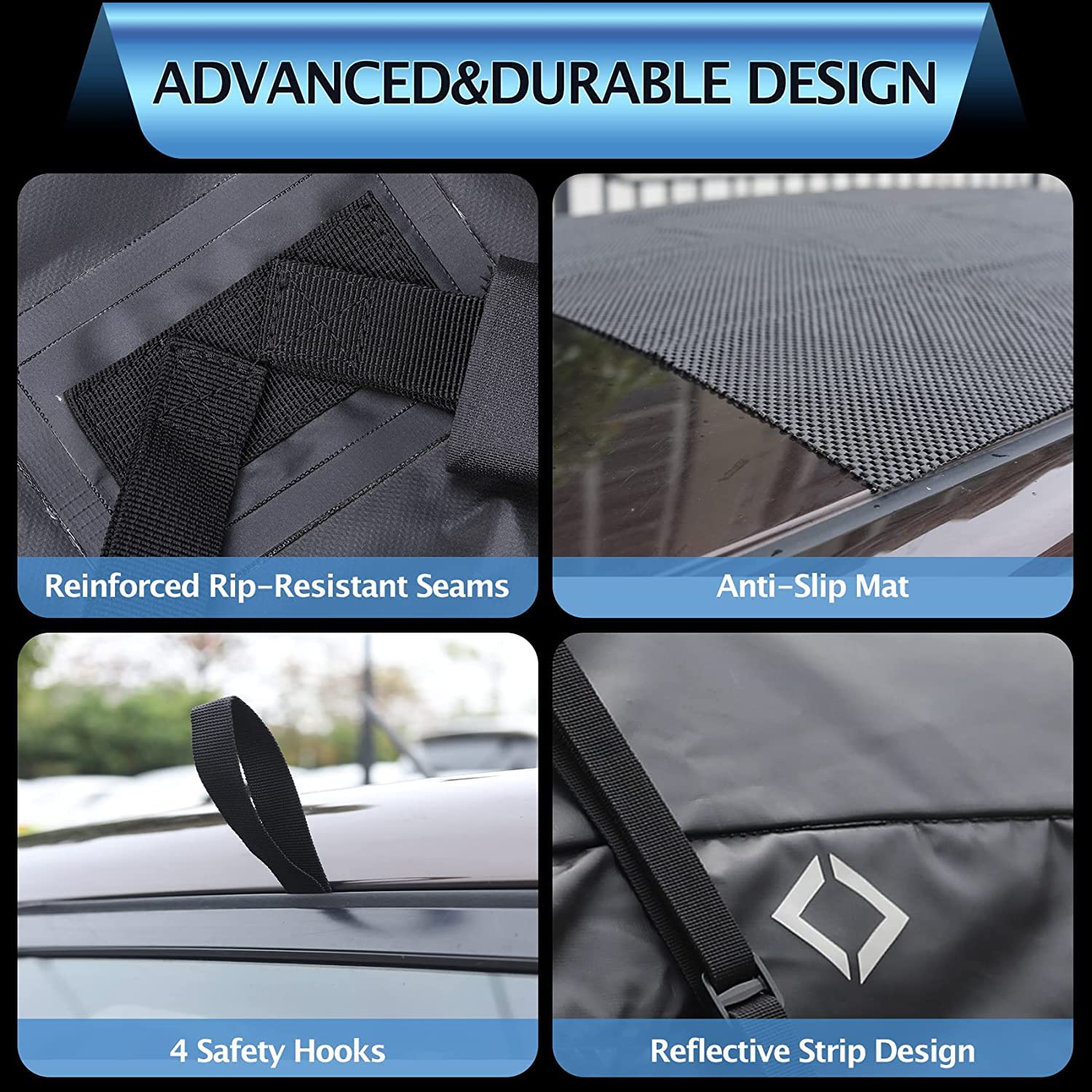 Reinforced seams, nonslip mat, safety hooks, and reflective details on a black rooftop cargo bag