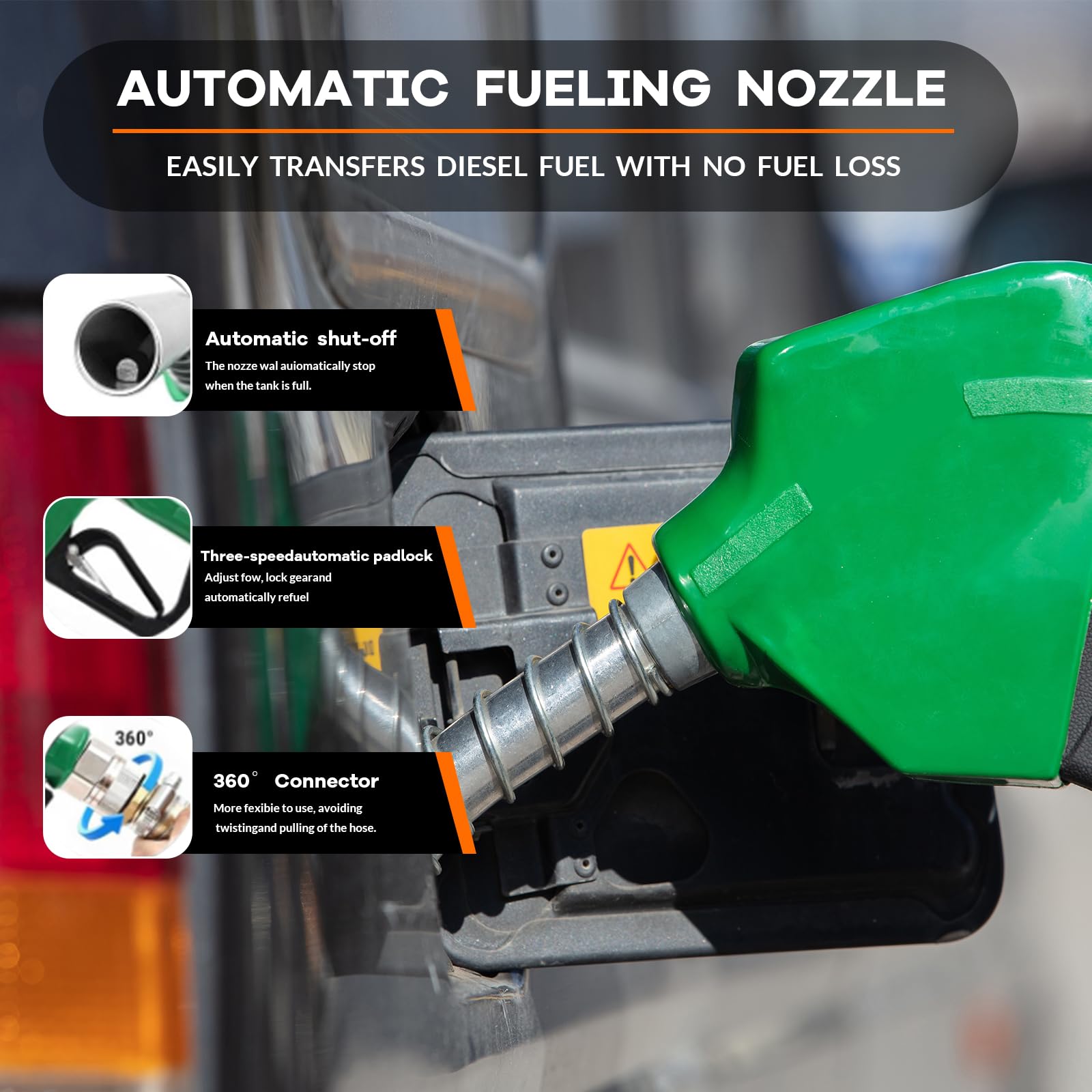 Automatic green fuel nozzle with shutoff mechanism, flow control, and 360 degree connector