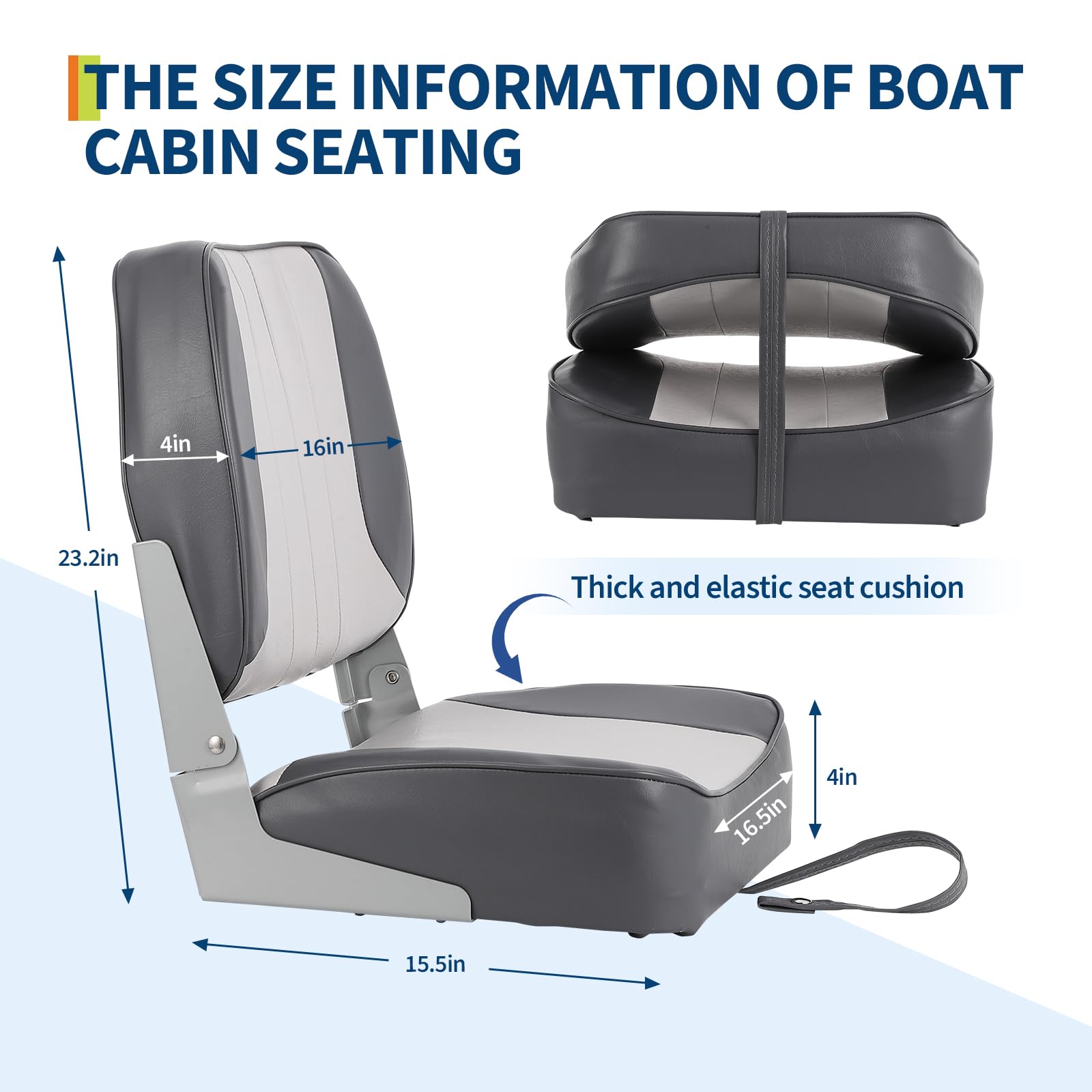 light gray low back boat seat dimension information with thick cushion detail