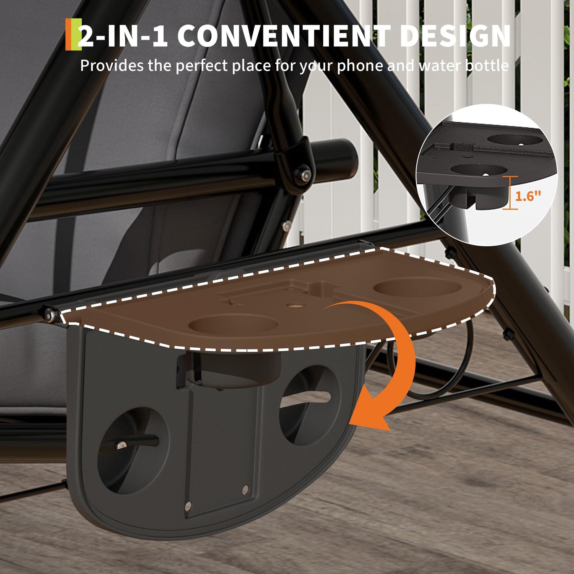 Foldable side table with cup holders on patio swing