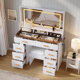 Garvee Vanity Desk with Mirror and Lights, 8 Drawers, Vanity Chair, Power Outlet for Bedroom and Bathroom, White & Rustic - White & Rustic