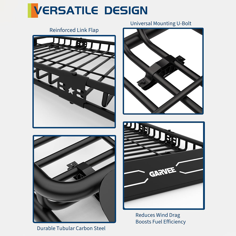 GARVEE roof rack basket reinforced link flap U-bolt and tubular carbon steel details