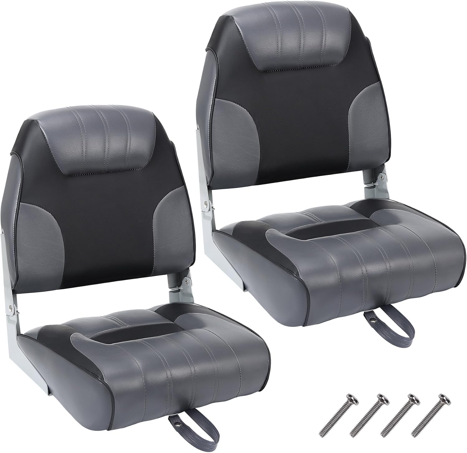 black and gray two pack fold down boat seats with mounting screws