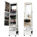 Garvee Jewelry Armoire with Led, 360° Swivel Jewelry Armoire with Full Length Mirror, Jewelry Storage, Bottom Drawer, Shelf, Wheels, Lockable Freestanding Jewelry Cabinet for Bedingroom - White