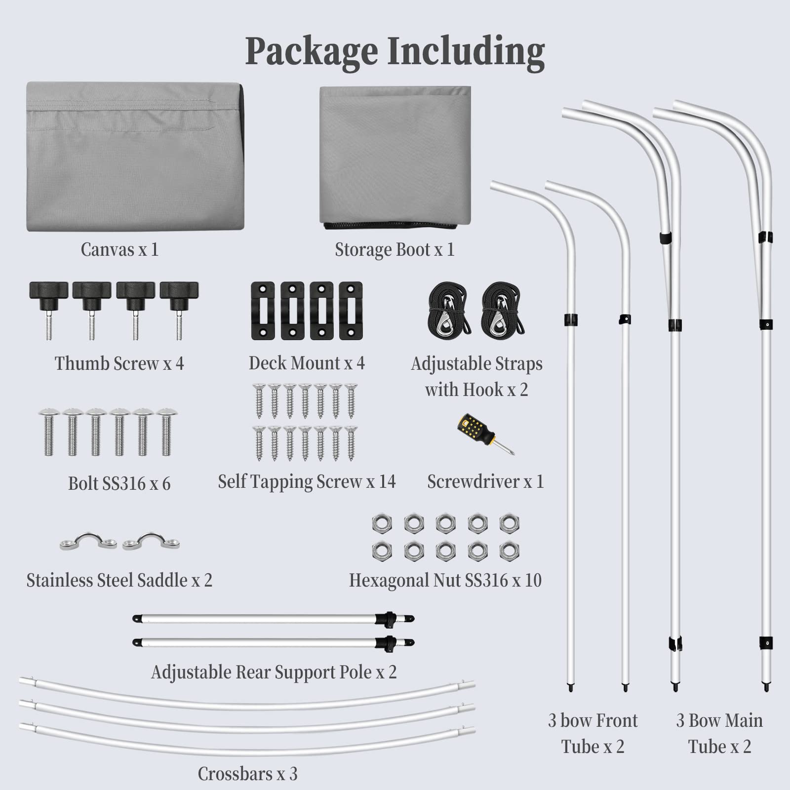 Bimini top package with canvas storage boot mounts straps support poles and hardware