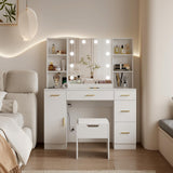 Garvee Vanity Desk With Led Lighted Mirror,MakeupVanity With 10 Led Lights & 5 Metal SlidingDrawers, 3 Color Brightness Adjustable, VanityTable With 6 Open Shelves, Dressing Table forWomen Girls，White - White