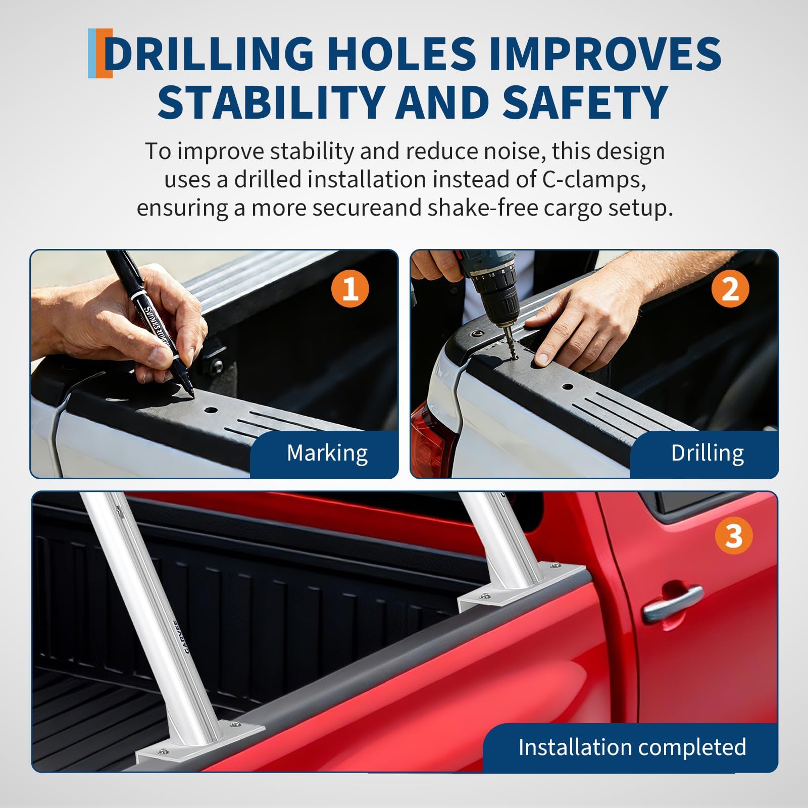 drilled installation steps for securing a silver aluminum truck ladder rack to pickup bed rails