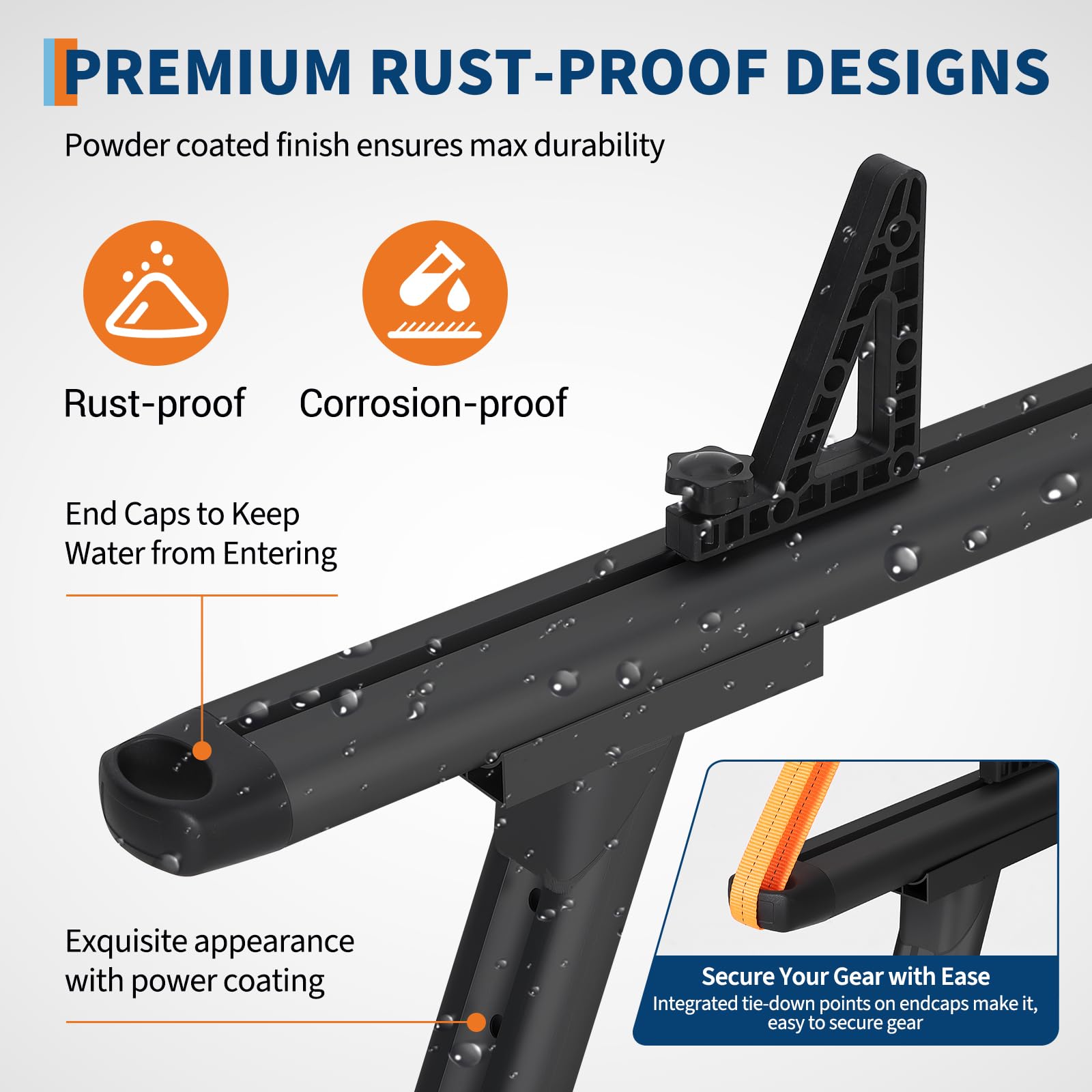 black powder coated aluminum truck rack crossbar with end cap and adjustable tie down point