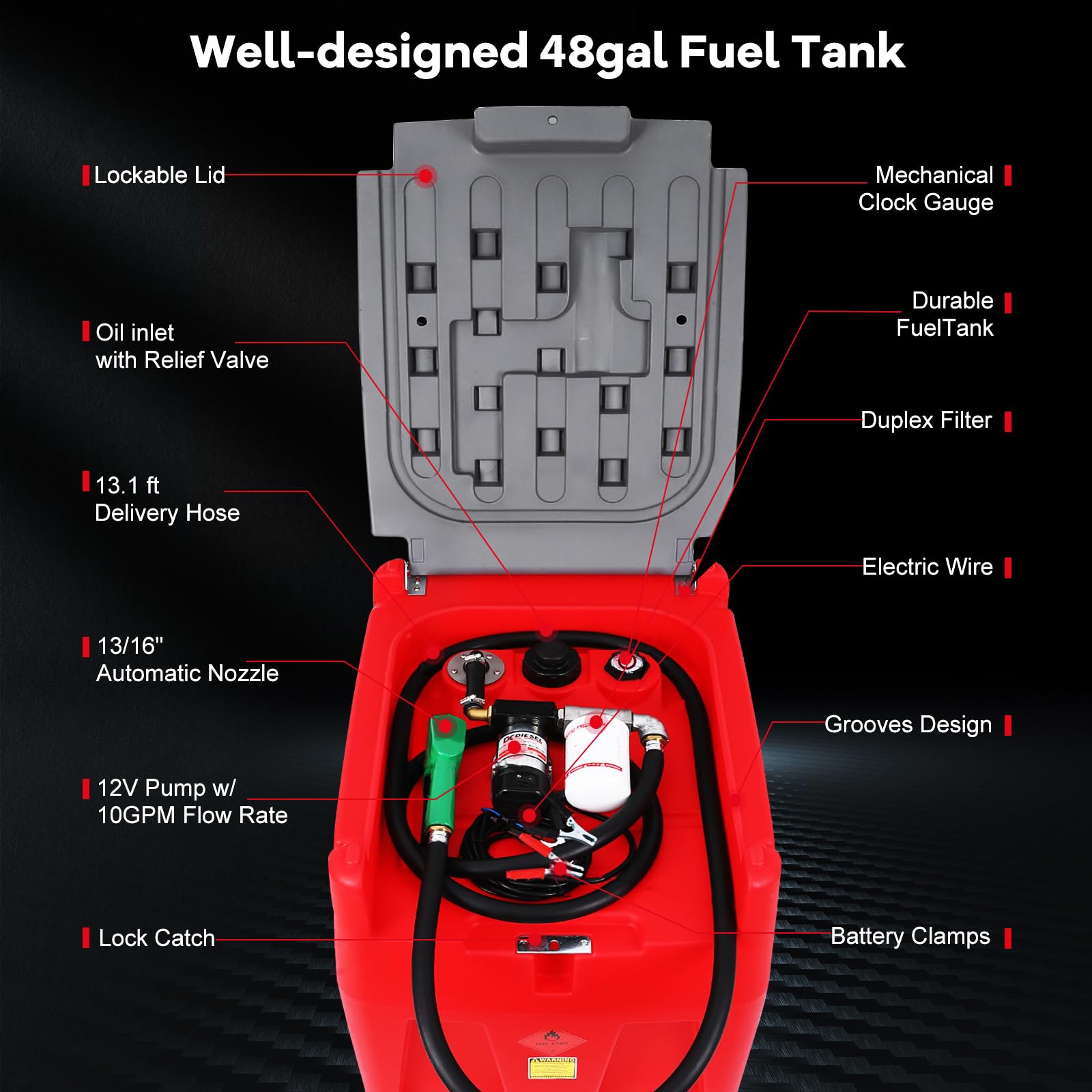Red 48 gallon diesel fuel tank with open lid showing 12V pump, hose, automatic nozzle, gauge, and filter
