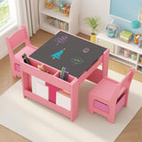 Garvee Kids 4-In-1 Wooden Table & 2 Chairs Set with Storage Drawer, Multifunctional Kids Activity Table, Black and White, Compact Size - Pink