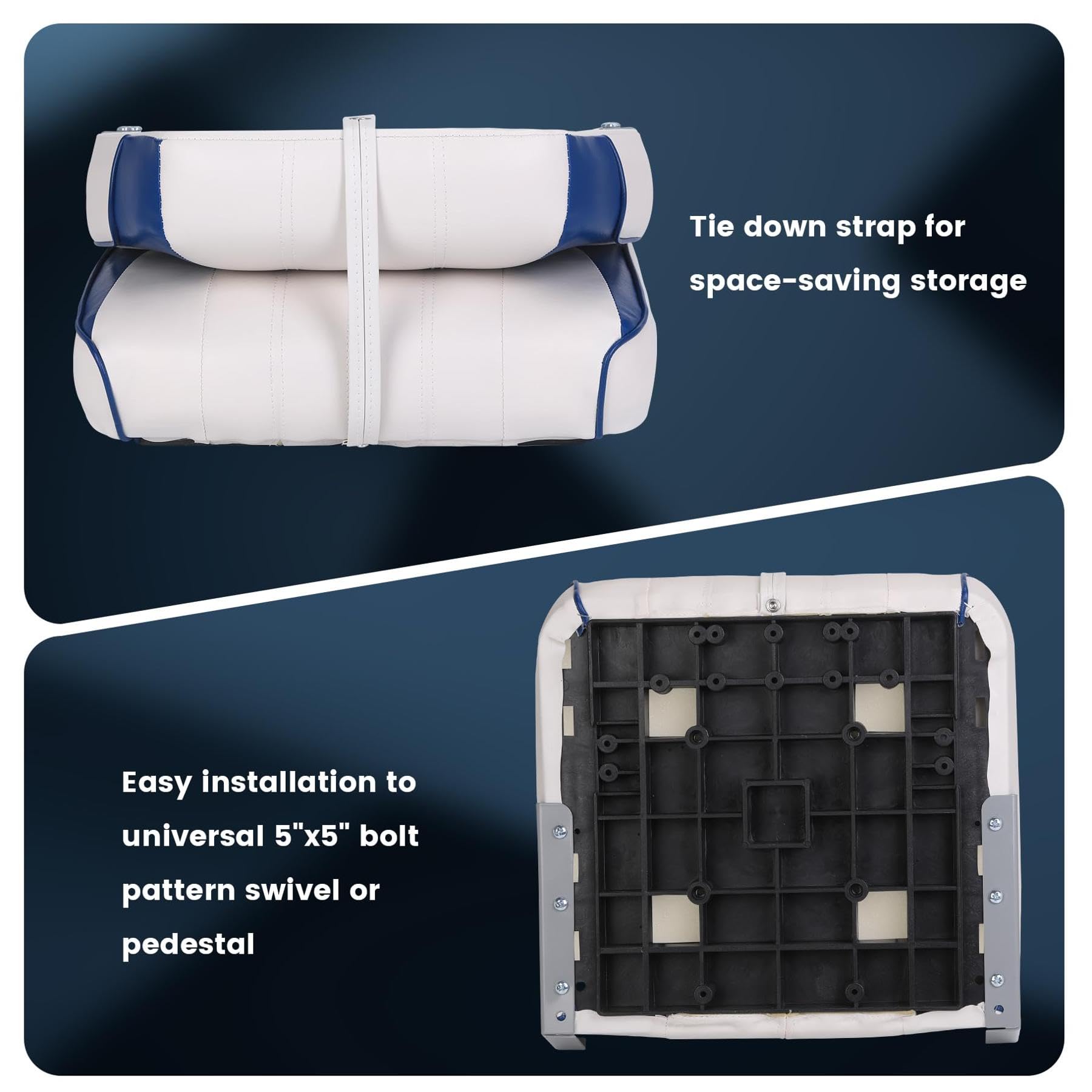 royal blue and white folded boat seat with tie down strap and 5 inch by 5 inch bolt pattern