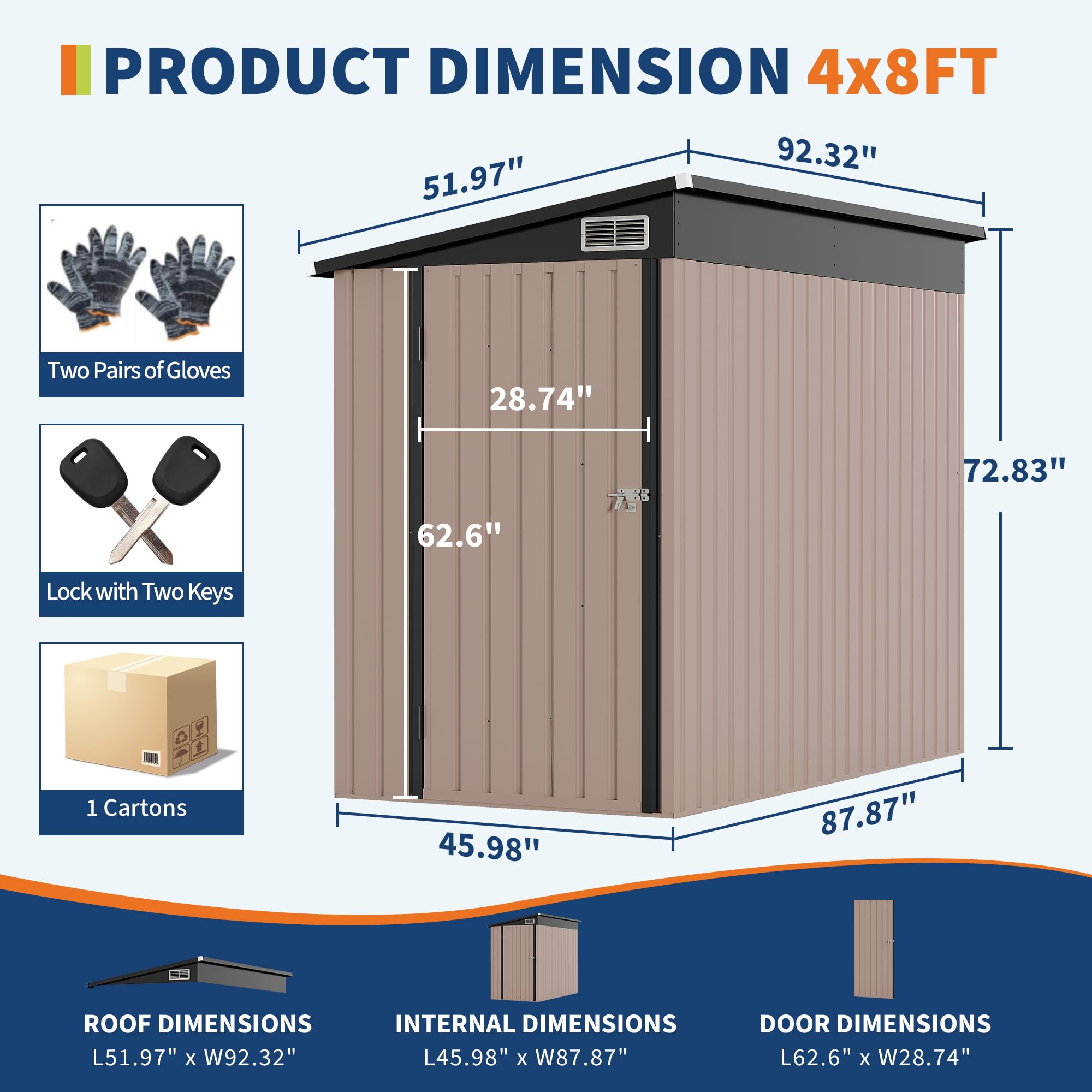 Brown 4 by 8 foot lean-to shed dimensions with door internal and roof measurements plus included gloves keys and carton