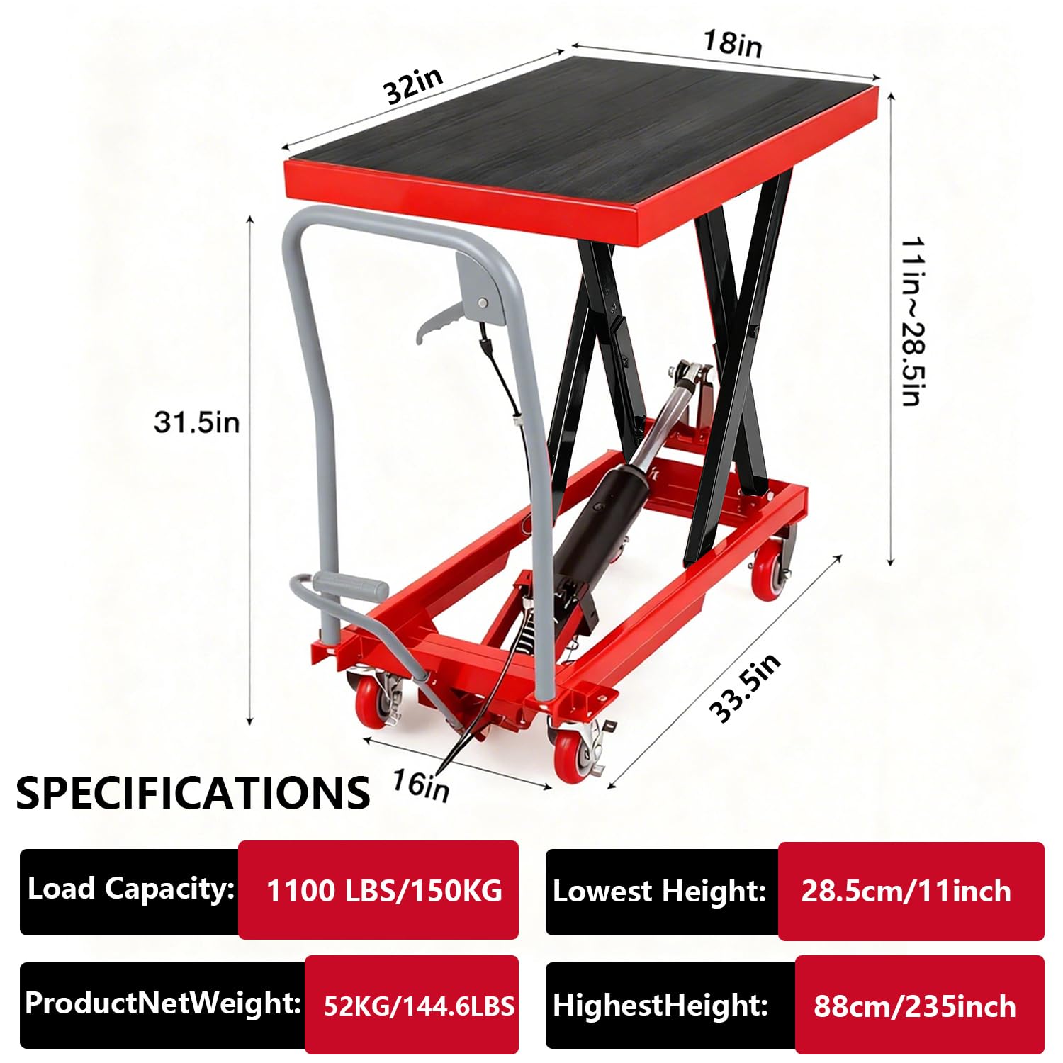 Dimensions and specifications of hydraulic lift table cart