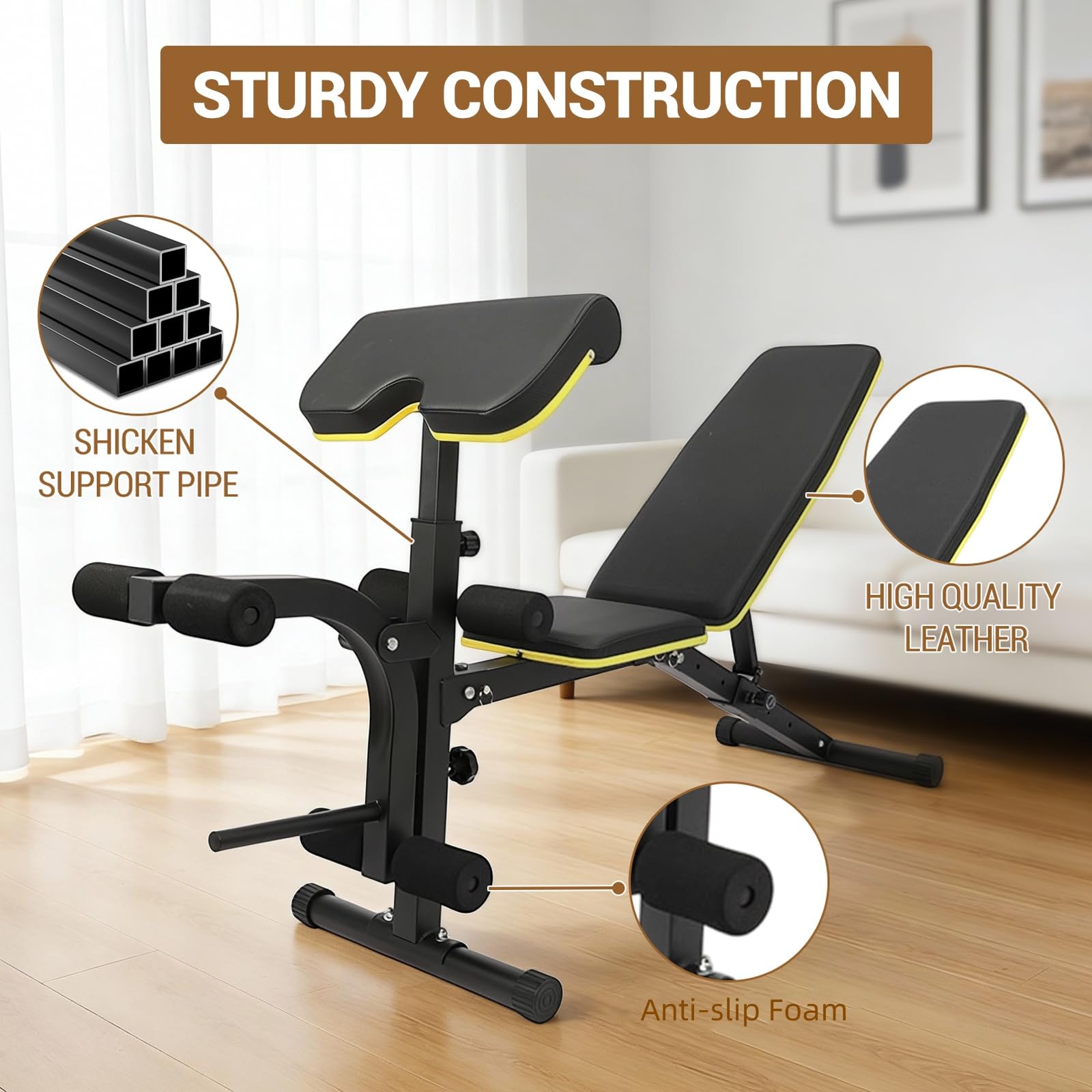 Sturdy construction, thick padding and anti-slip foam on Garvee weight bench