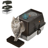 Garvee Stainless Steel Cat Litter Box with Removable Lid Large Enclosed High Sided Metal Litter Pan 60x40x44cm Silver - Black