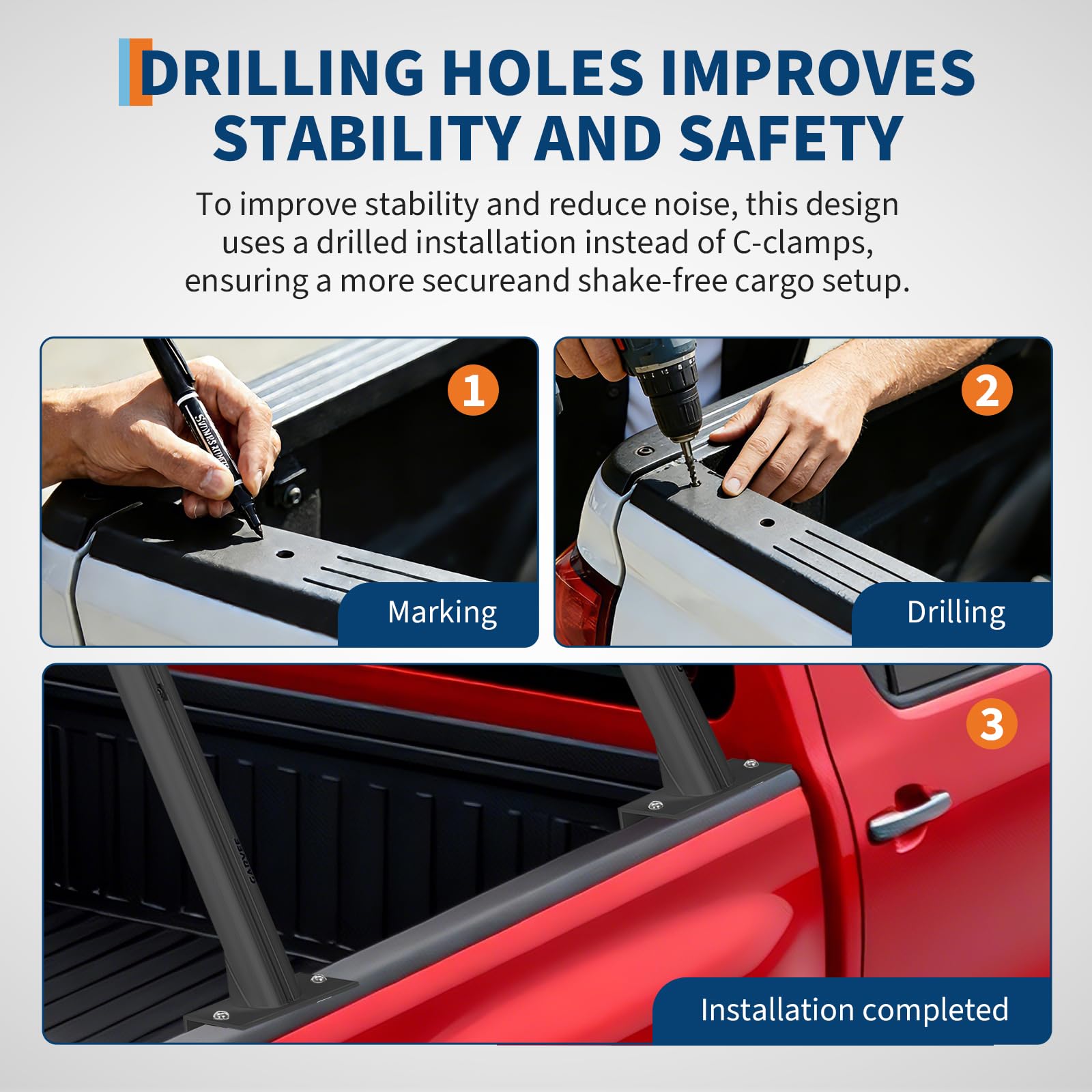 drilled installation steps for securing a black aluminum truck ladder rack to pickup bed rails