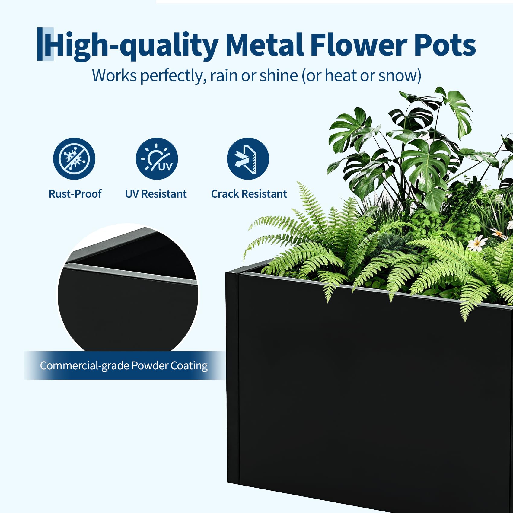 Powder coated black steel panel detail on square planter box