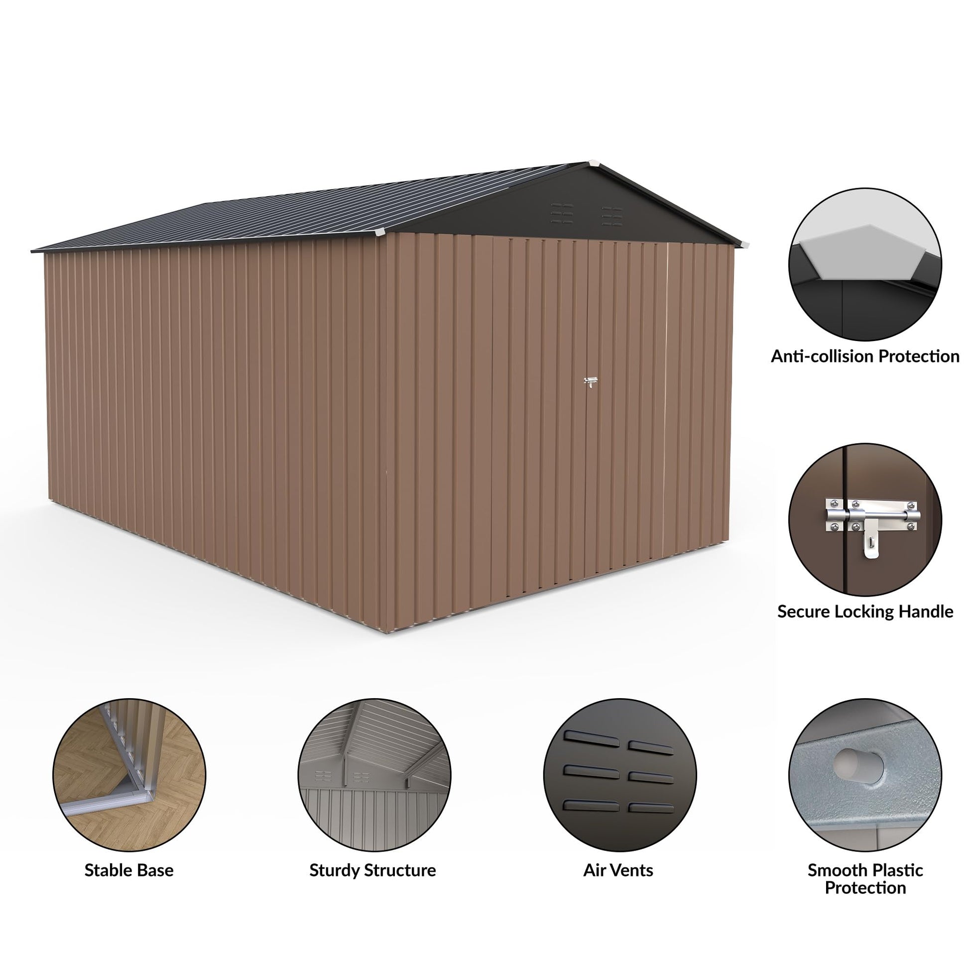 Outdoor shed details including locking handle, vents, stable base, and corner protection