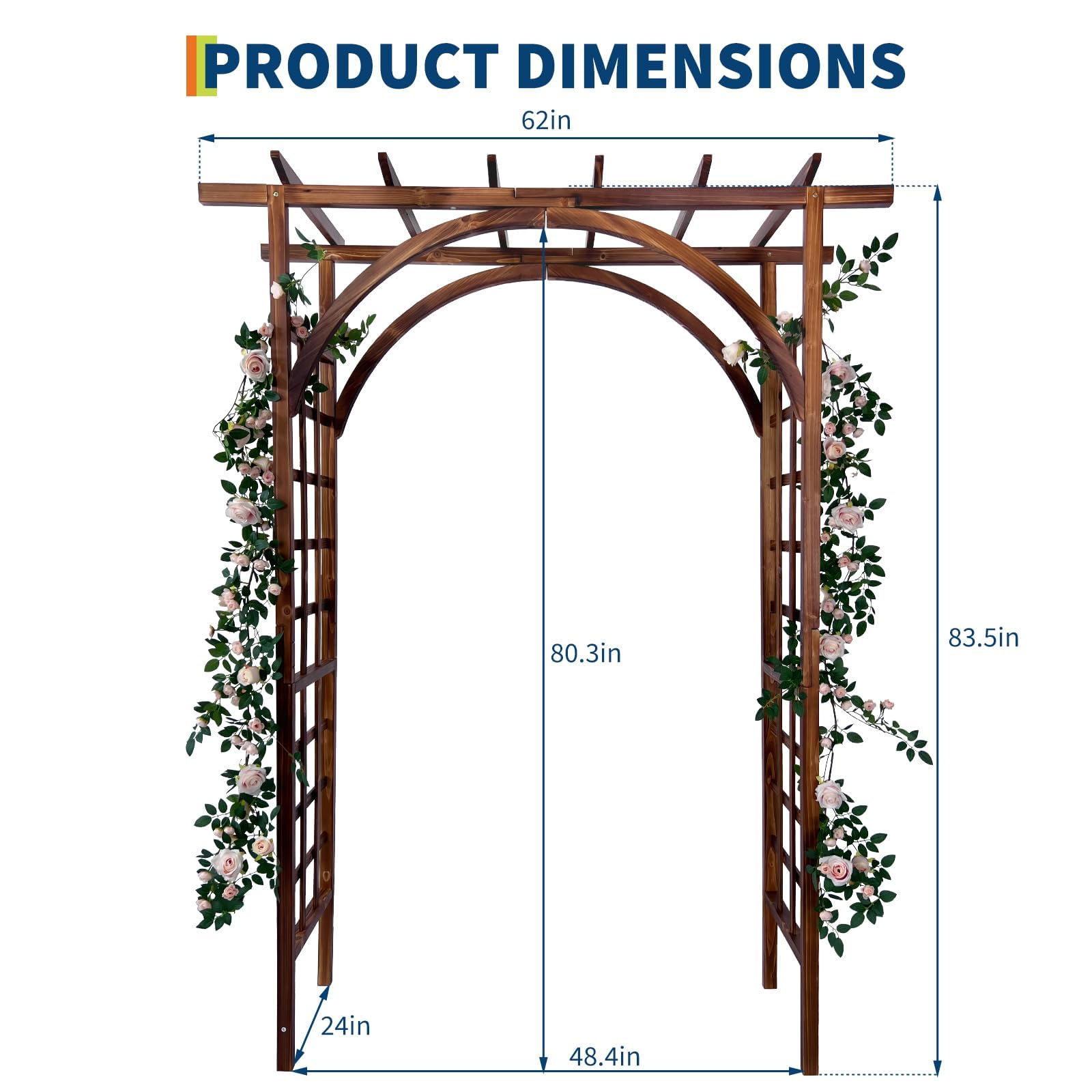 dark brown arched and flat top garden arbor dimension diagram with overall width, passage width, depth, and height