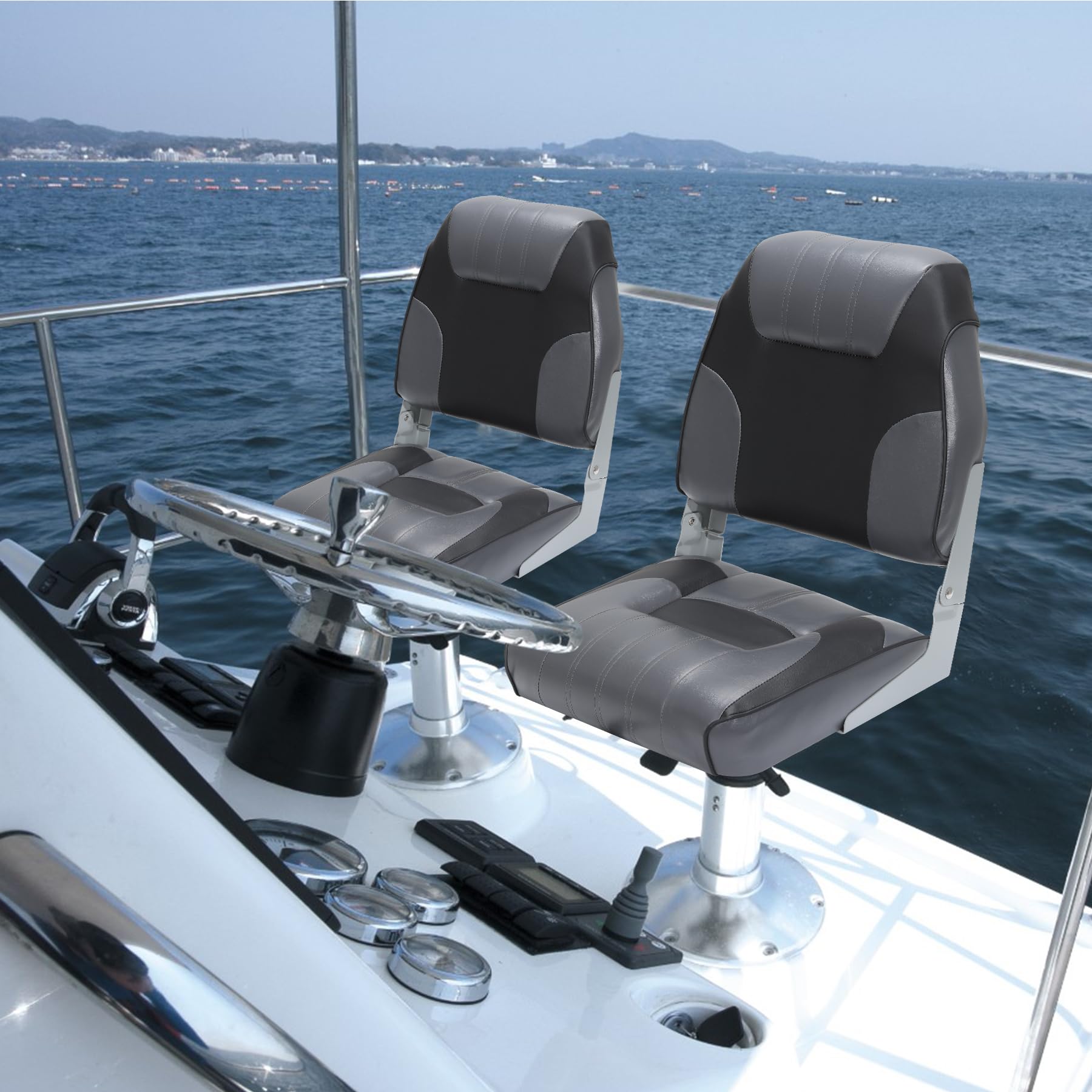 Two molded low back boat seats installed on a boat