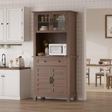 Garvee Kitchen Pantry 72 in Farmhouse Coffee Bar Table with Storage Drawers & Glass Doors Brown 31.5" W x 72" H x 15.7" D - Brown