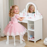 Garvee Kids Vanity With Lighted Mirror & Stool, Wooden Makeup Playset For Girls 3-9, White, Adjustable LED Light, Storage Drawer & Shelves - White