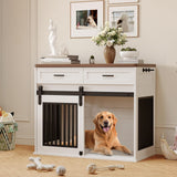 Garvee 44.5'' Dog Crate Furniture with Hook & Storage Drawers, Indoor Wooden Heavy Duty Dog Kennel, Sliding Barn Doors, White, Medium/Small Dogs - White