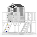 Garvee Outdoor Wooden Playhouse with Climbing Wall, 2 Story Cedar Playhouse with Step Ladder, Elevated Kids Playhouse 90.6x62.6x98.4in Natural Wood - White