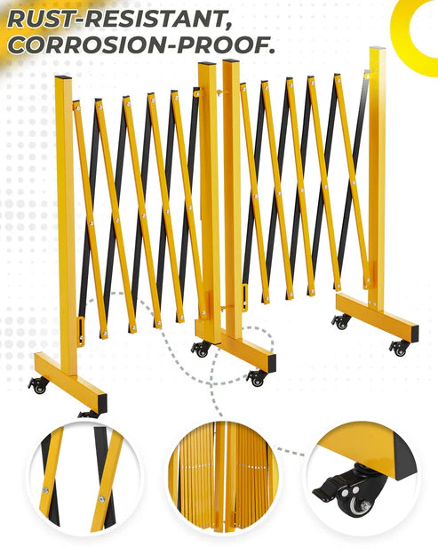 Garvee Metal Expandable Barricade, 11 Ft Folding Security Gate, Rotatable & Portable Expandable Barricade Gate Outdoor, Industrial Expandable Barricade Gate with Casters, Yellow&Black