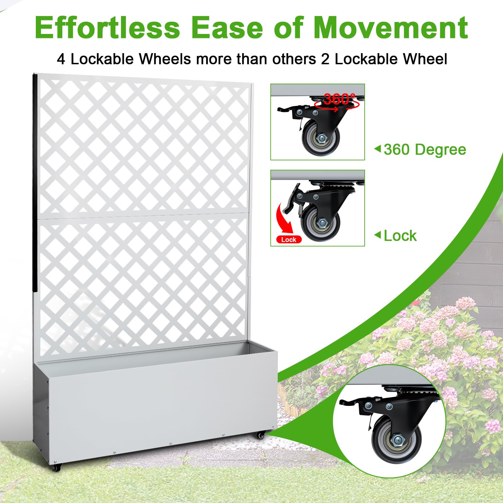 white diamond trellis planter with lockable 360 degree caster wheels