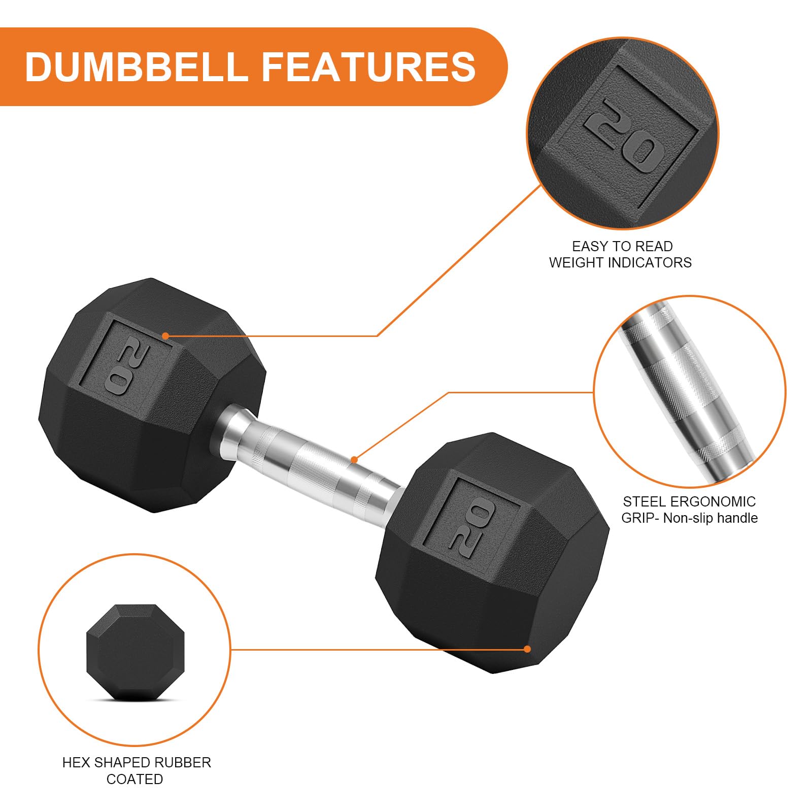Hex dumbbell with easy-read weight markings and non-slip steel grip
