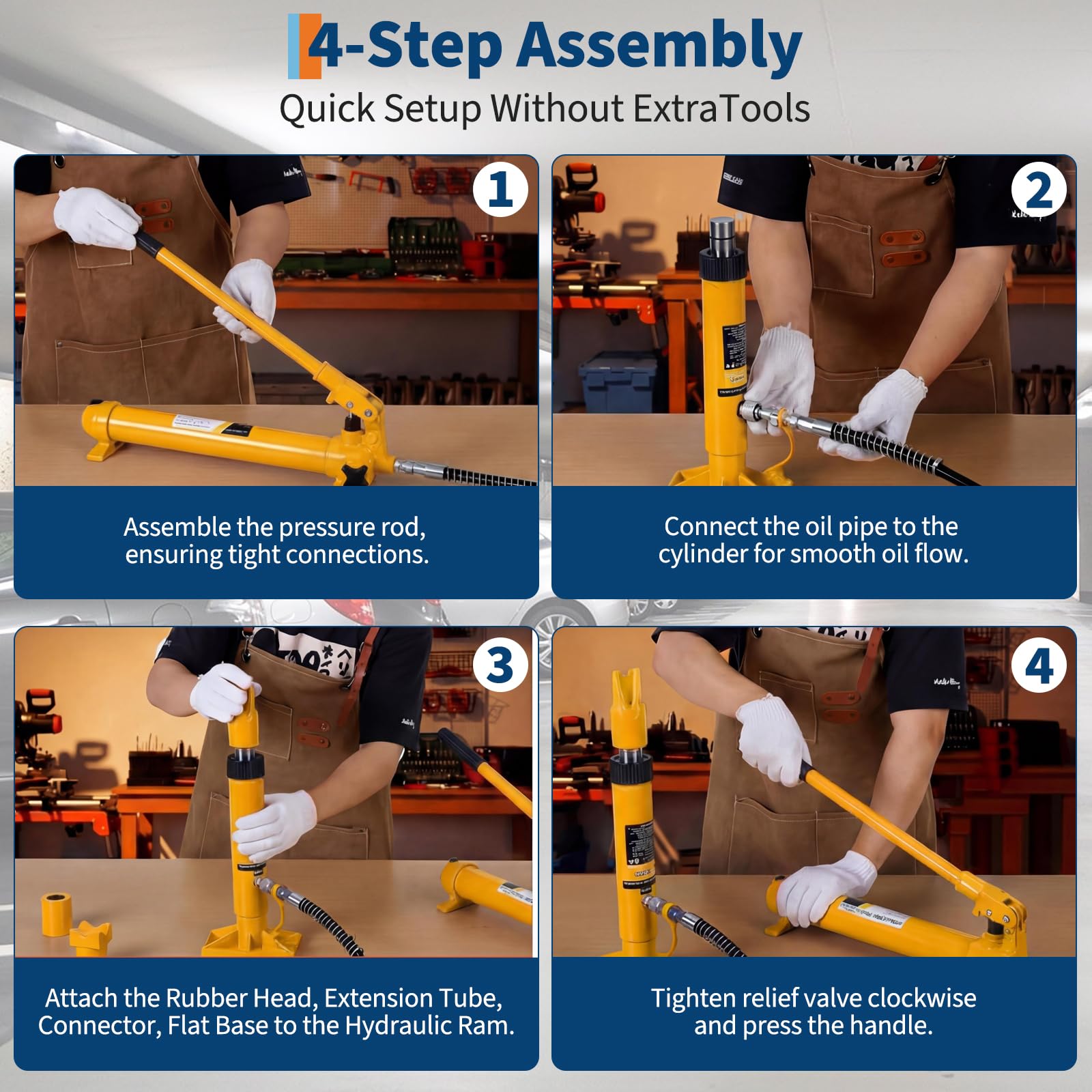 Four step assembly sequence for the yellow hydraulic porta power kit