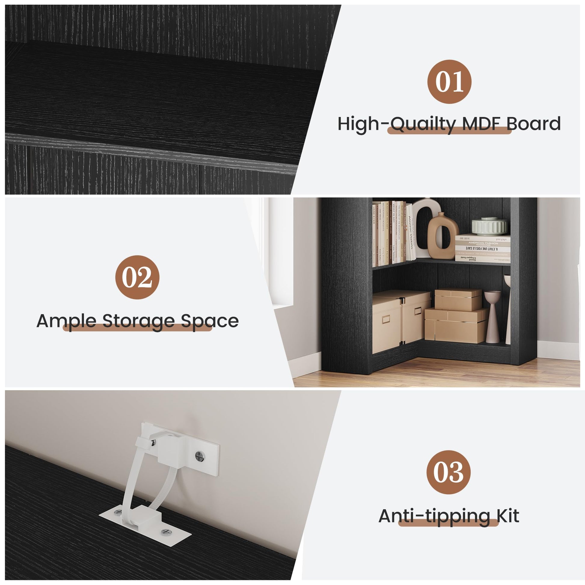 Infographic showing MDF board, storage space, and anti-tipping kit