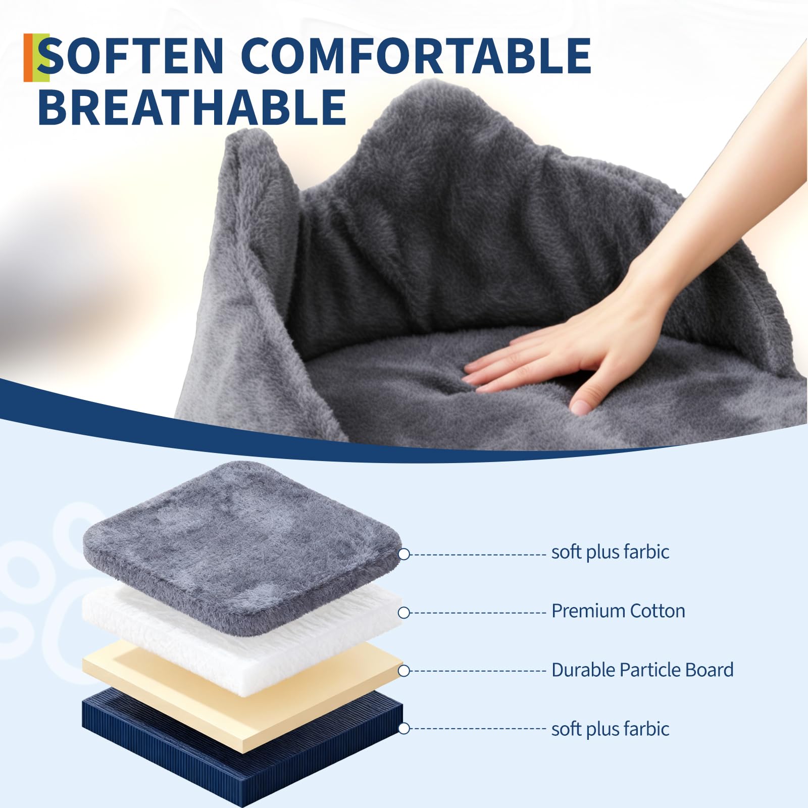 Close view of a soft dark grey plush perch with layered cushioning and particle board support