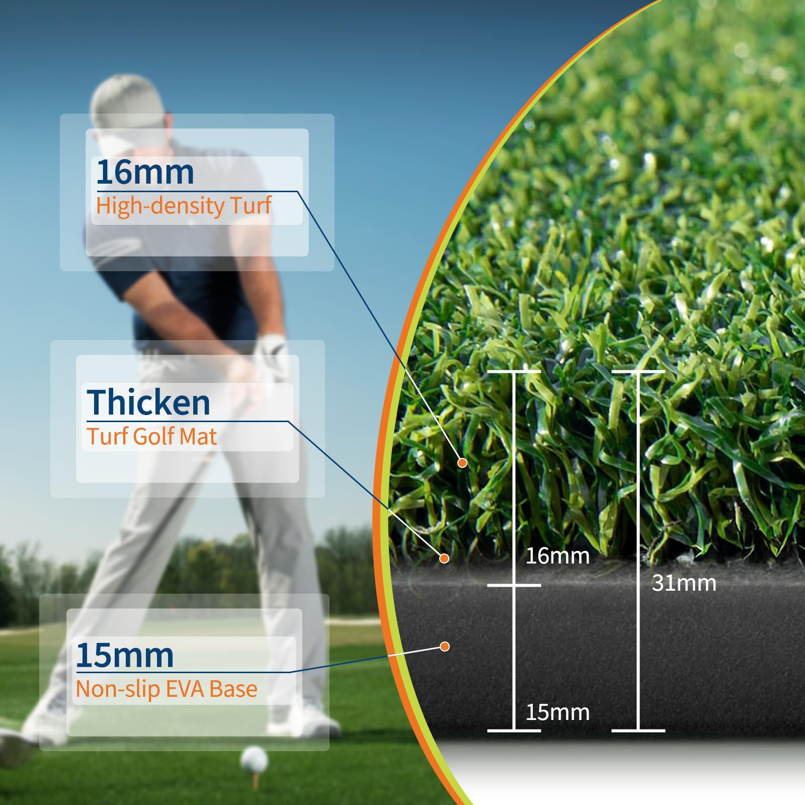 Tapis de golf de 31 mm d'épaisseur avec gazon de 16 mm et base en EVA de 15 mm