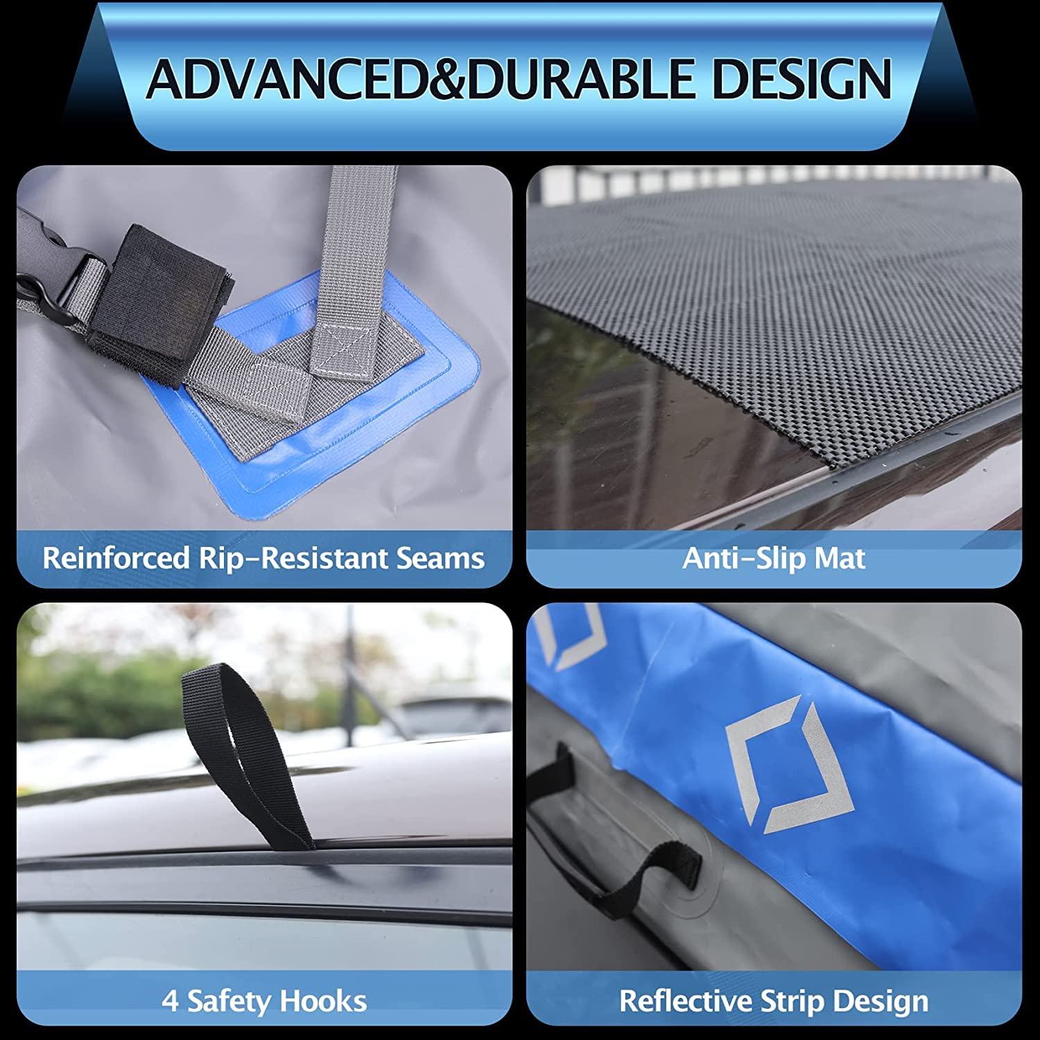 Reinforced seams, nonslip mat, safety hooks, and reflective details on a rooftop cargo bag
