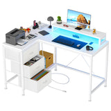 Garvee L Shaped Desk with Power Outlets & LED Lights, Computer Desk with Drawers & Shelves, Corner Desk Gaming Desk Home Office Desk, White - White