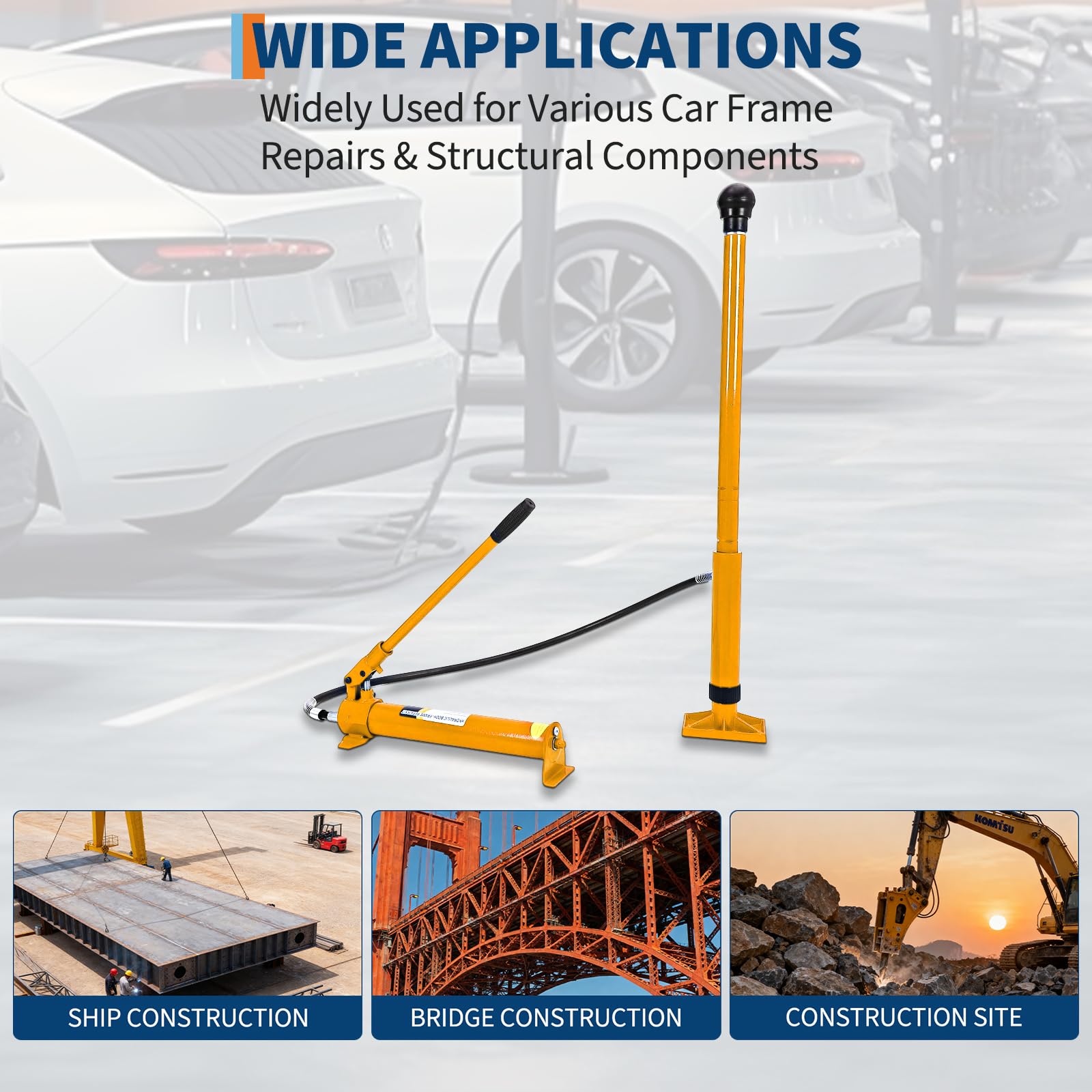 Yellow hydraulic ram configured for automotive and structural repair work